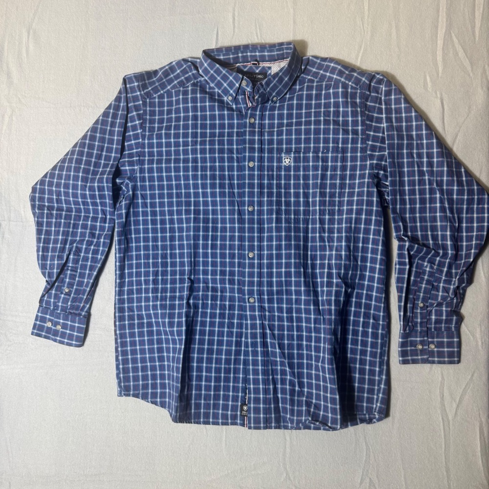 Ariat Pro Series Mens Large Blue Plaid‎ Long Sleeve Western Button Down Shirt